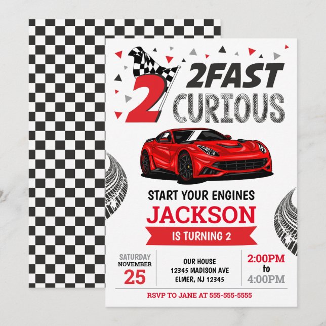 Invitation Fête d'anniversaire 2 ans de garçon de course rapi (Devant / Derrière)