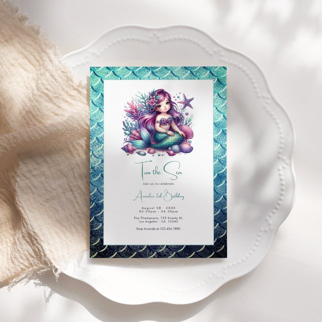 Invitation Fête d'anniversaire 2 ans de la Sirène "Deux pour  (“Two the Sea” Mermaid 2nd Birthday Party Invitation)
