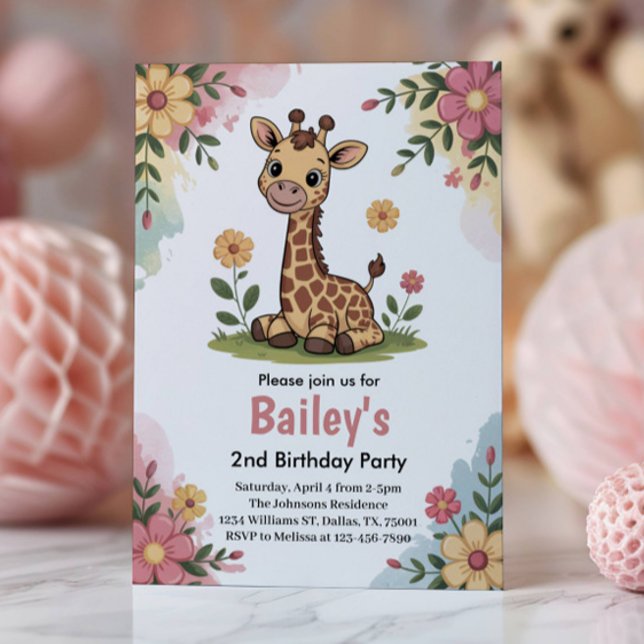 Invitation Fête d'anniversaire 2 ans Fleurs Enfant Girafe Jun (Créateur téléchargé)