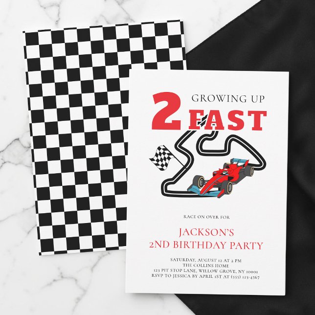 Invitation Fête d'anniversaire 2 ans Garçon Voiture rouge qui (Growing Up Two Fast Red Car Boy 2nd Birthday Party Invitation)