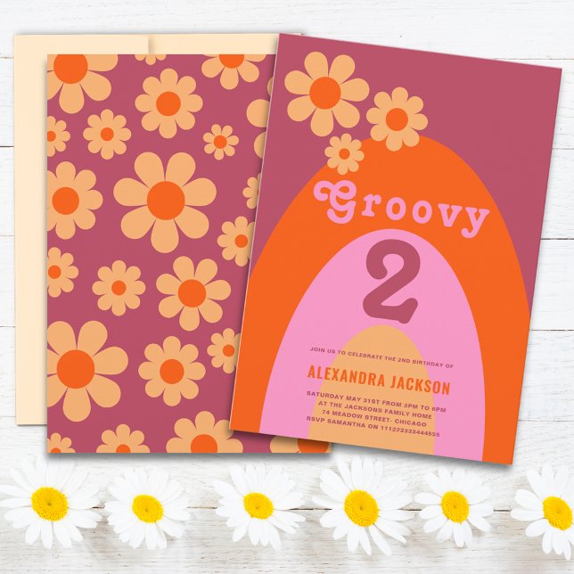 Invitation Fête d'anniversaire 2 ans Groovy 2 Arch Retro Flor (Groovy 2 retro arch vintage floral pink orange and yellow 2nd birthday party invitation )