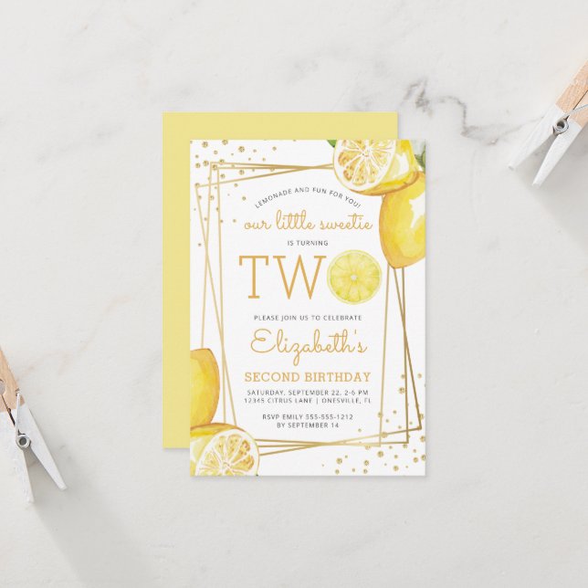Invitation Fête d'anniversaire 2 ans Lemonade Citrus Aquarell (Devant/Arrière en situation)