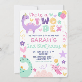 Invitation Fête d'anniversaire 2 ans Pastel Two Rex Dinosaure