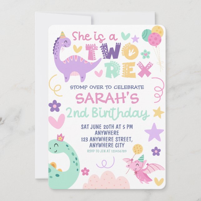 Invitation Fête d'anniversaire 2 ans Pastel Two Rex Dinosaure (Devant)