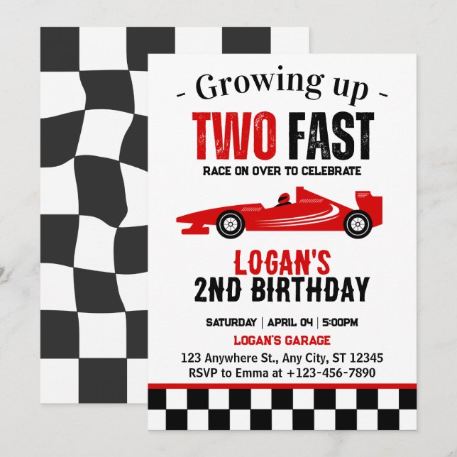 Invitation Fête d'anniversaire 2 ans pour garçon de course ra (Devant / Derrière)