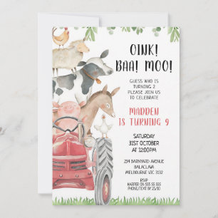 Invitation Fête d'anniversaire 2 ans Red Tractor Farm Animals