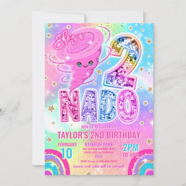 Invitation Fête d'anniversaire 2 ans Two Nado Rainbow Glitter (Devant)