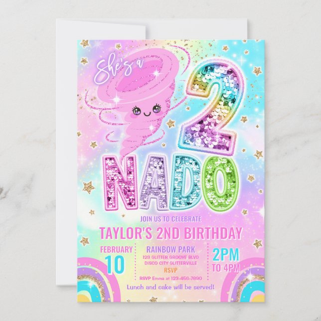 Invitation Fête d'anniversaire 2 ans Two Nado Rainbow Glitter (Devant)