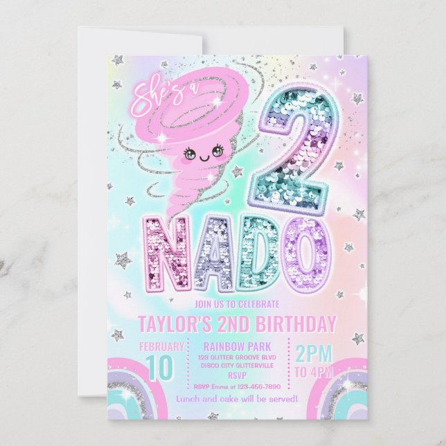 Invitation Fête d'anniversaire 2 ans Two Nado Rainbow Glitter (Devant)
