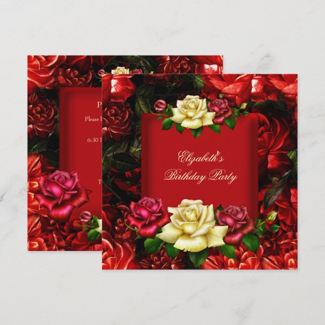 Invitation Fête d'anniversaire 2 Fleurs dorées Crème Rouge Él (Devant / Derrière)