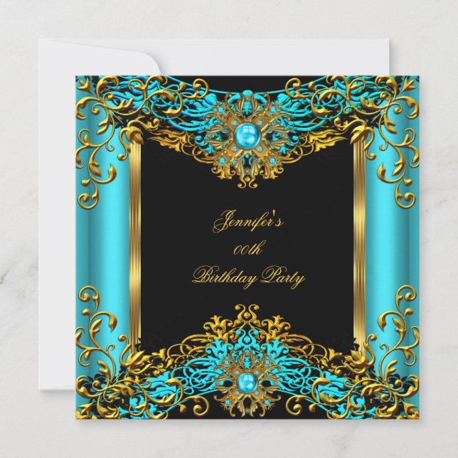 Invitation Fête d'anniversaire 2 Or Noir Gemme Bleu sarcelle  (Devant)