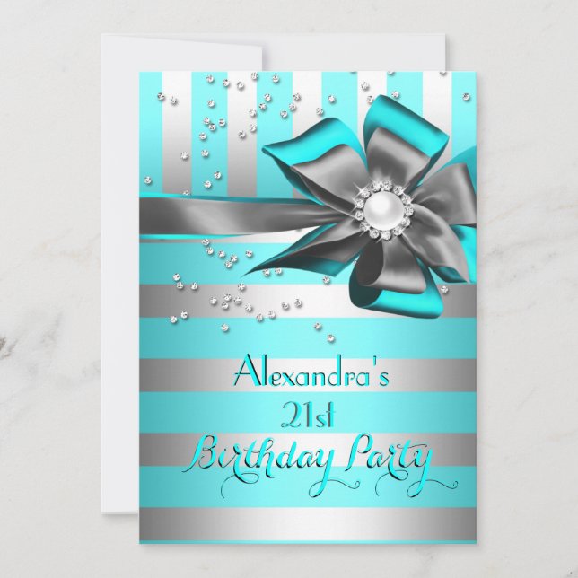 Invitation Fête d'anniversaire 2 Ruban rayé argent Aqua sarce (Devant)