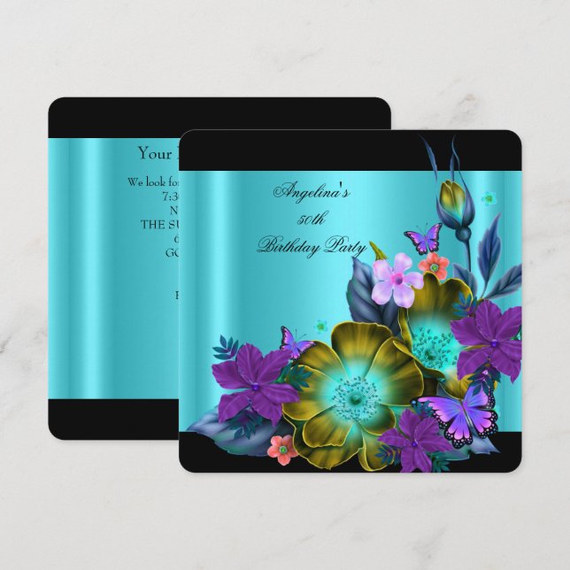 Invitation Fête d'anniversaire 2 violet sarcelle noir floral  (Devant / Derrière)