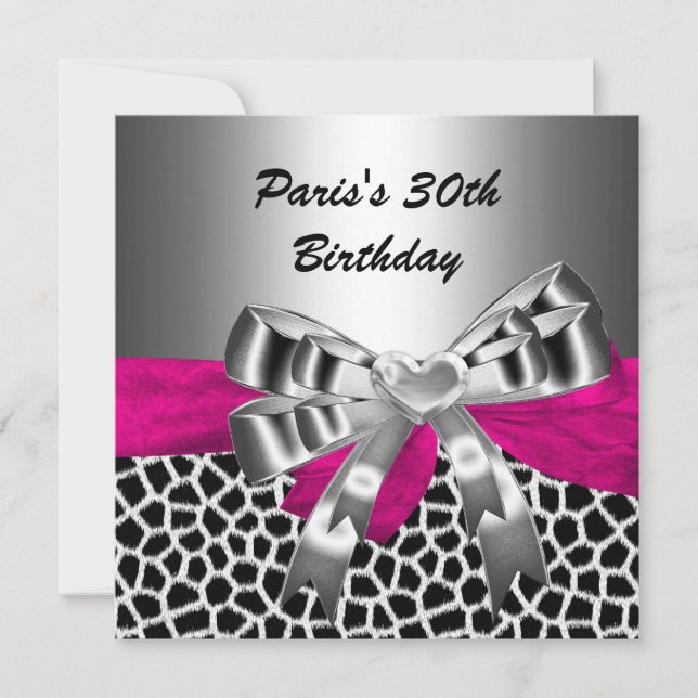 Invitation Fête d'anniversaire 30 ans argent rose noir girafe (Devant)