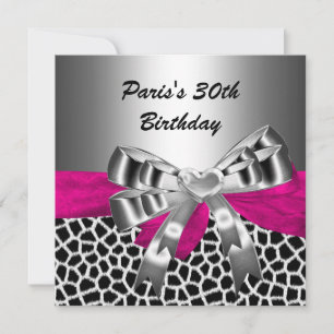 Invitation Fête d'anniversaire 30 ans argent rose noir girafe