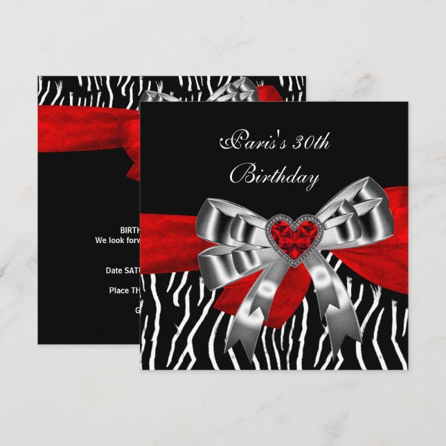 Invitation Fête d'anniversaire 30 ans argent rouge noir blanc (Devant / Derrière)