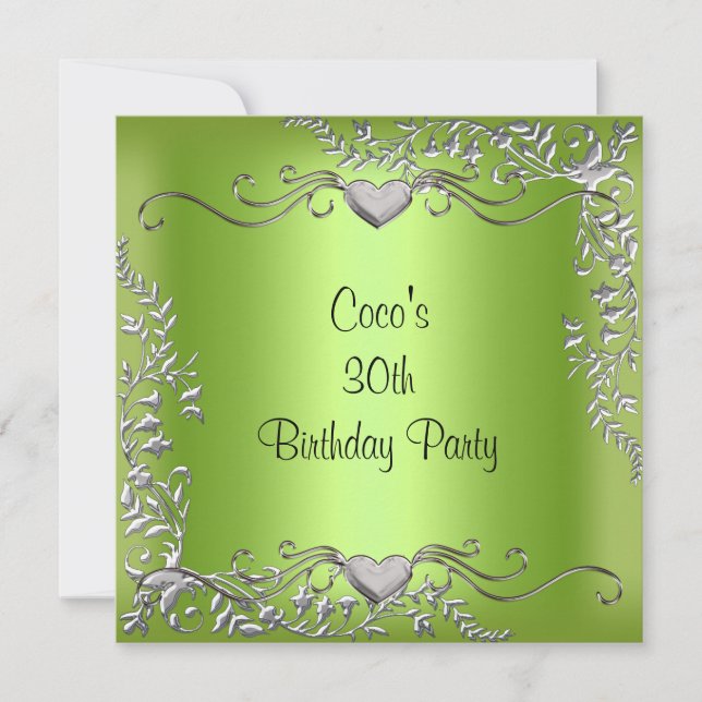 Invitation Fête d'anniversaire 30 ans Argent Vert Citron (Devant)