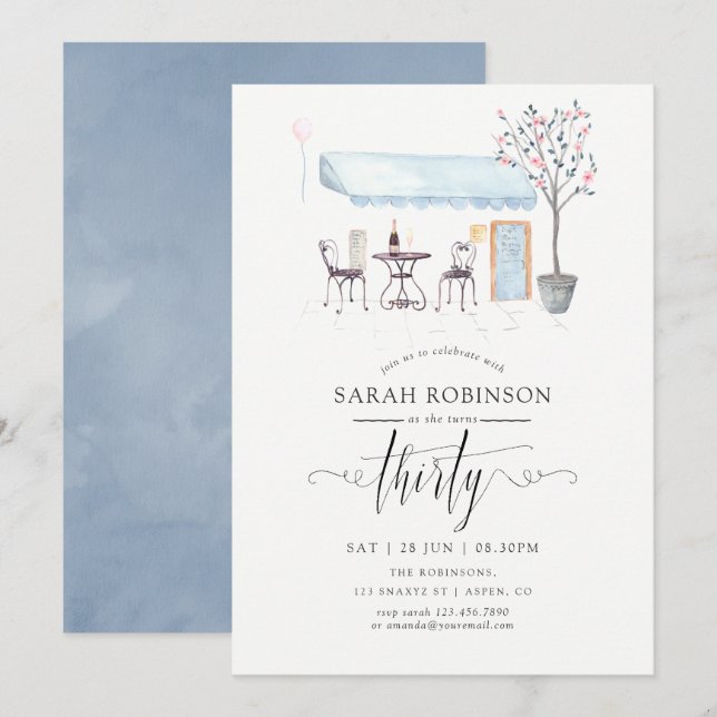 Invitation Fête d'anniversaire 30 ans au Café Paris Watercolo (Devant / Derrière)