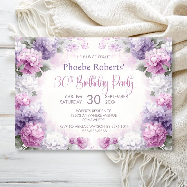 Invitation Fête d'anniversaire 30 ans aux fleurs roses et vio (Créateur téléchargé)