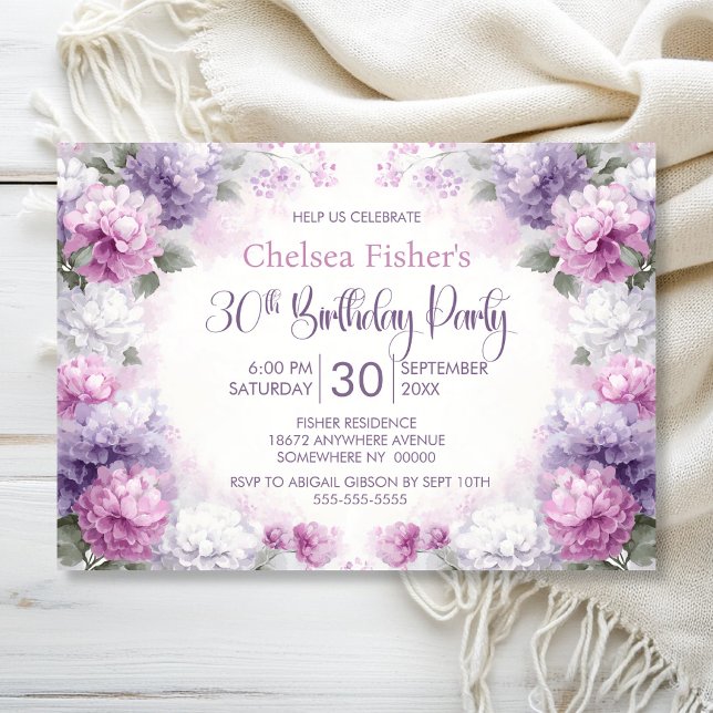 Invitation Fête d'anniversaire 30 ans aux fleurs violettes et (Créateur téléchargé)