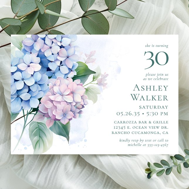 Invitation Fête d'anniversaire 30 ans aux Hydrangeas Bleu Ros (Créateur téléchargé)