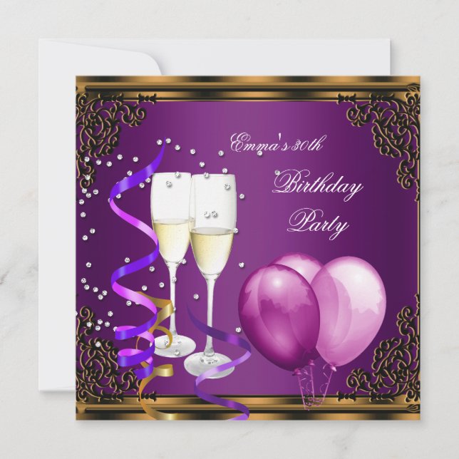 Invitation Fête d'anniversaire 30 ans Ballons Violet Prune Or (Devant)