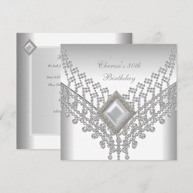 Invitation Fête d'anniversaire 30 ans Bijou Diamant Perle Bla (Devant / Derrière)