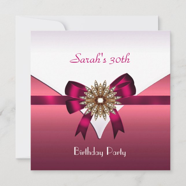 Invitation Fête d'anniversaire 30 ans Bijou Ruban Blanc Rose (Devant)