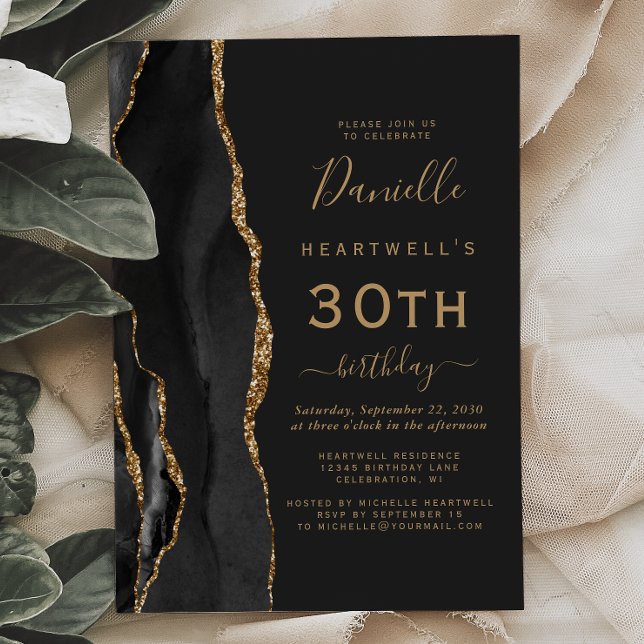 Invitation Fête d'anniversaire 30 ans Black Gold Agate Dark (Créateur téléchargé)