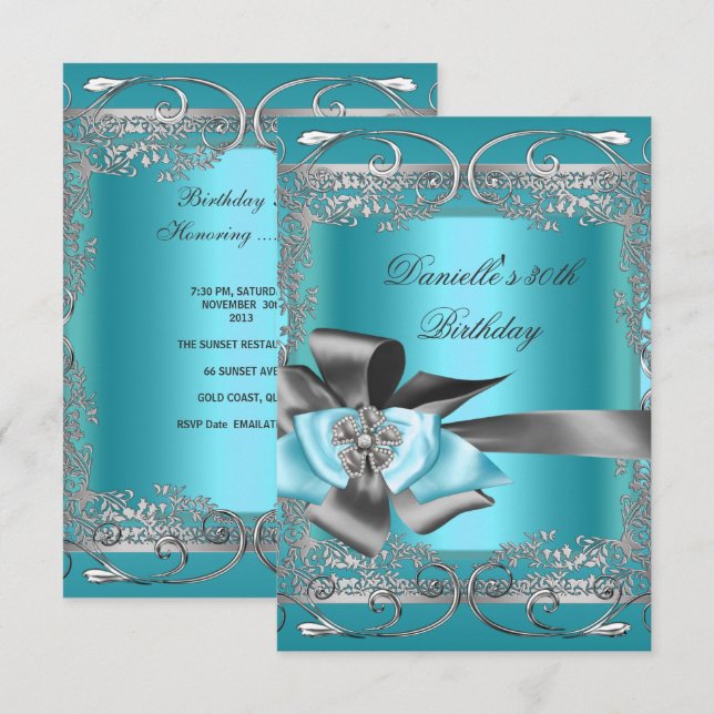 Invitation Fête d'anniversaire 30 ans Bleu sarcelle Gris arge (Devant / Derrière)
