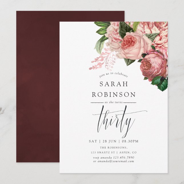 Invitation Fête d'anniversaire 30 ans Blush et Bourgogne Vint (Devant / Derrière)