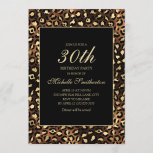 Invitation Fête d'anniversaire 30 ans Bronze Or Léopard Noir