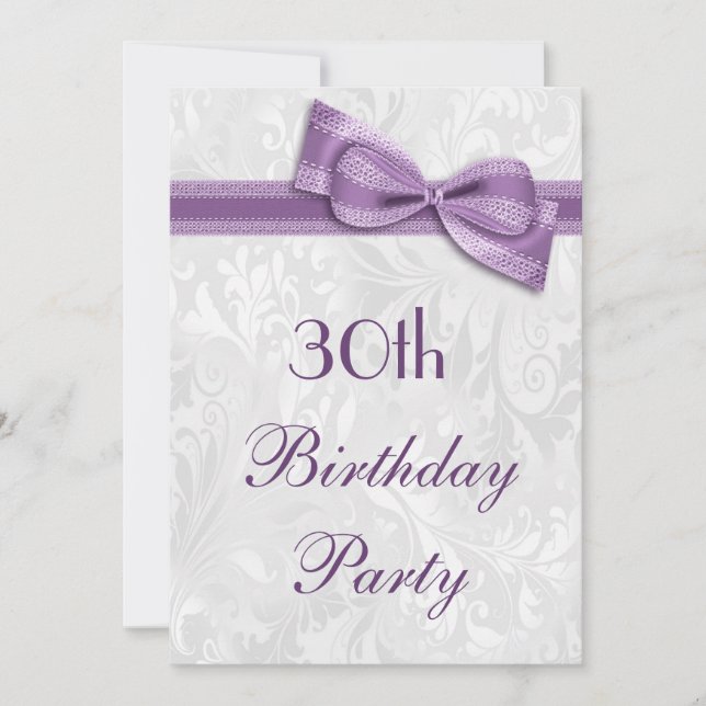Invitation Fête d'anniversaire 30 ans damas et nœud faux (Devant)