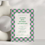 Invitation Fête d'anniversaire 30 ans damier rose et vert<br><div class="desc">Cette invitation de fête d'anniversaire moderne présente une bordure à carreaux rose et verte audacieuse avec une typographie propre et minimale au centre. La palette de couleurs ludique et le motif graphique lui donnent une ambiance rétro amusante qui est parfaite pour une célébration d'anniversaire stylée de 30 ans. Idéal pour...</div>