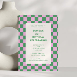 Invitation Fête d'anniversaire 30 ans damier rose et vert