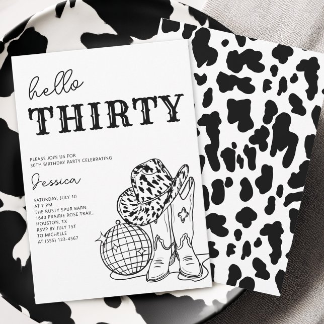 Invitation Fête d'anniversaire 30 ans de Rodéo Western Noir e (Black and White Western Rodeo 30th Birthday Party Invitation)