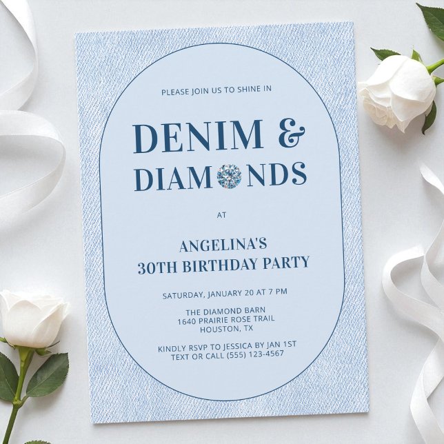 Invitation Fête d'anniversaire 30 ans Denim and Diamonds Blue (Denim and Diamonds Blue Jeans 30th Birthday Party Invitation)
