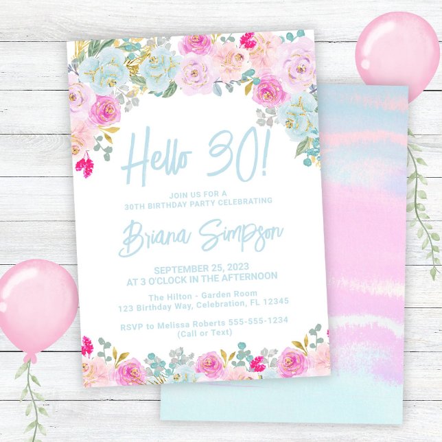 Invitation Fête d'anniversaire 30 ans Fleur Bleu Rose Pêche V (Créateur téléchargé)