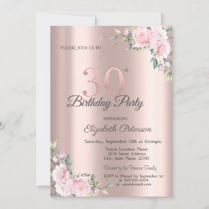 Invitation Fête d'anniversaire 30 ans Fleurs rose chic Or ros