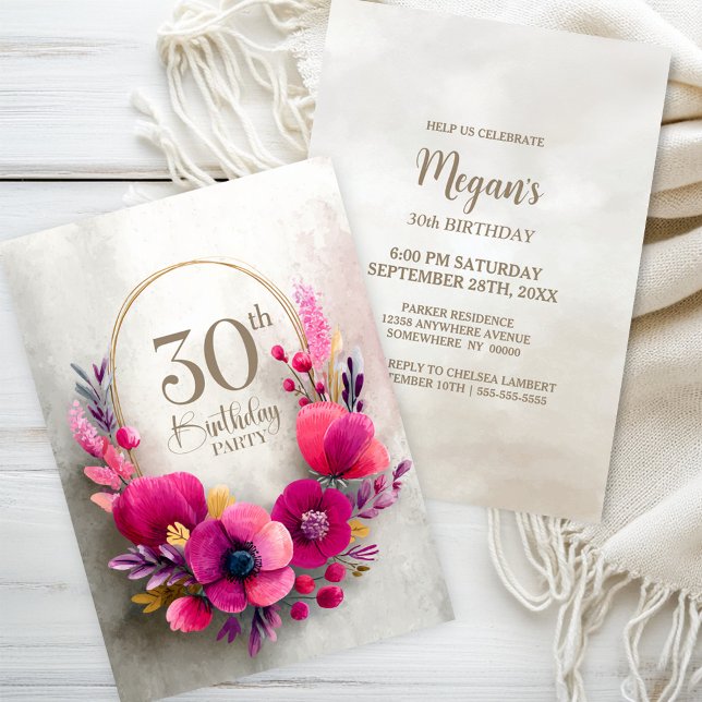 Invitation Fête d'anniversaire 30 ans Fleurs roses (Créateur téléchargé)