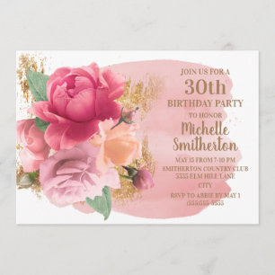 Invitation Fête d'anniversaire 30 ans Fleurs roses Paillettes