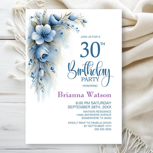 Invitation Fête d'anniversaire 30 ans Floral Bleu (Créateur téléchargé)