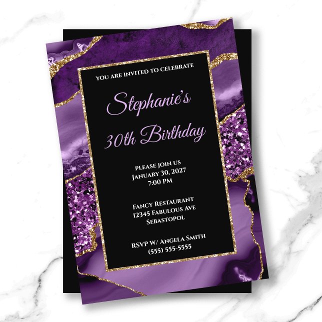 Invitation Fête d'anniversaire 30 ans Glitter Glam Agate Or V (Purple Agate Gold Glitter Glam 30th Birthday Invitation)