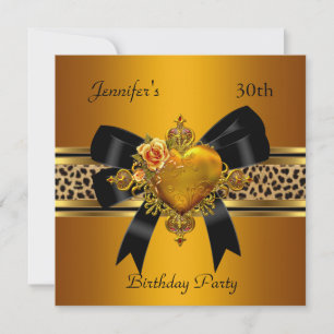 Invitation Fête d'anniversaire 30 ans Gold Heart Jewel Léopar