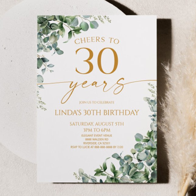 Invitation Fête d'anniversaire 30 ans Green Eucalyptus Gold (Créateur téléchargé)