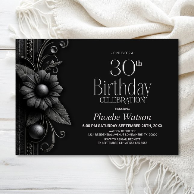 Invitation Fête d'anniversaire 30 ans Grey Flower (Créateur téléchargé)