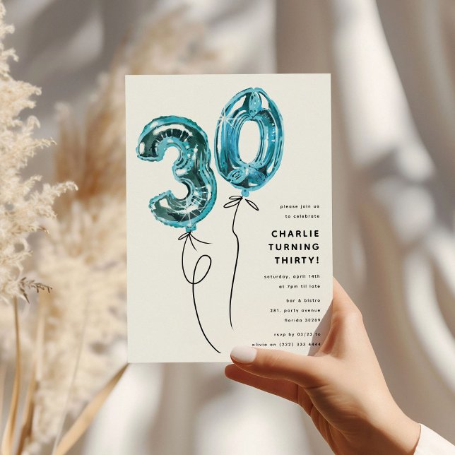 Invitation Fête d'anniversaire 30 ans Minimal Blue 30 Ballon (Créateur téléchargé)