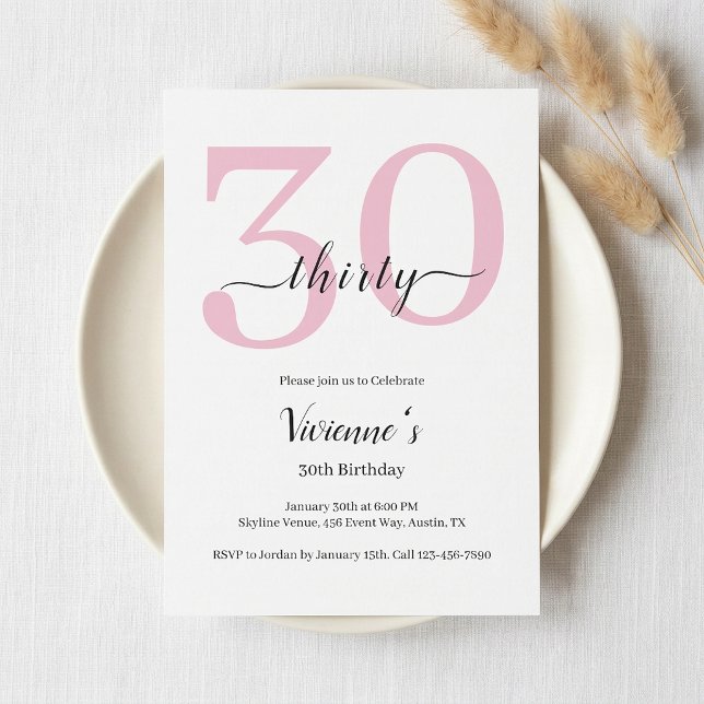 Invitation Fête d'anniversaire 30 ans Minimal Blush Rose Scri (Minimal Blush Pink Script 30th Birthday Party Invitation)