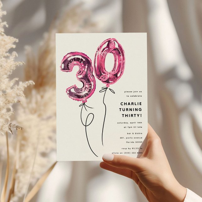 Invitation Fête d'anniversaire 30 ans Minimal Rose 30 Ballon (Créateur téléchargé)