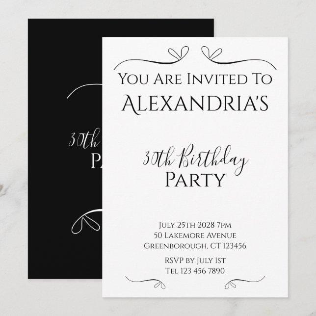 Invitation Fête d'anniversaire 30 ans Moderne Cœurs Noir et B (Devant / Derrière)